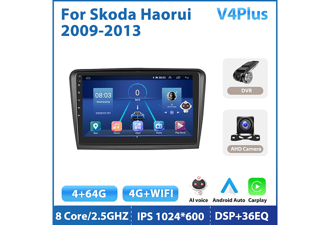 RD197 Android skoda skoda haorui 2009-2013 1GB a 8GB RAM e 16GB a 128GB ROM com ou sem Carplay