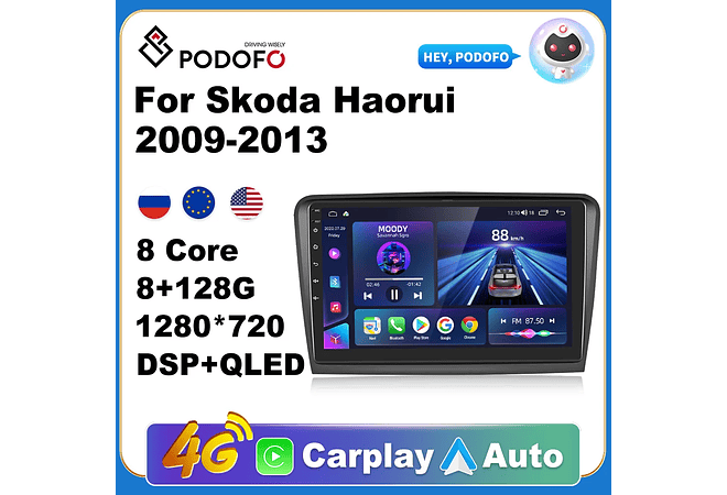 RD197 Android skoda skoda haorui 2009-2013 1GB a 8GB RAM e 16GB a 128GB ROM com ou sem Carplay