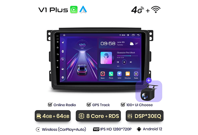 RD198 Android smart fortwo 451 2005-2010 1GB a 8GB RAM e 16GB a 128GB ROM com ou sem Carplay