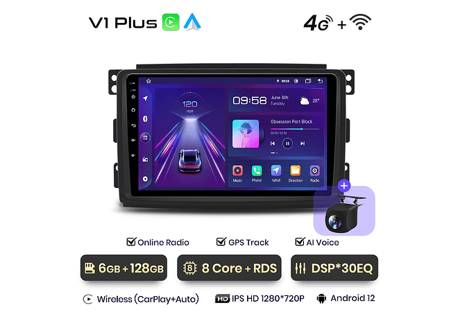 RD198 Android smart fortwo 451 2005-2010 1GB a 8GB RAM e 16GB a 128GB ROM com ou sem Carplay