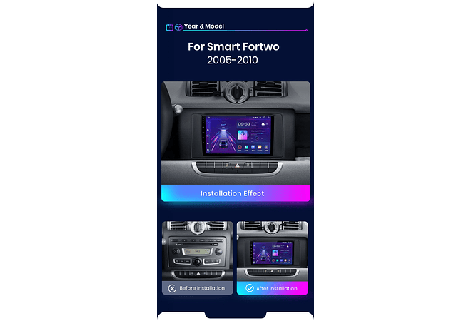 RD198 Android smart fortwo 451 2005-2010 1GB a 8GB RAM e 16GB a 128GB ROM com ou sem Carplay