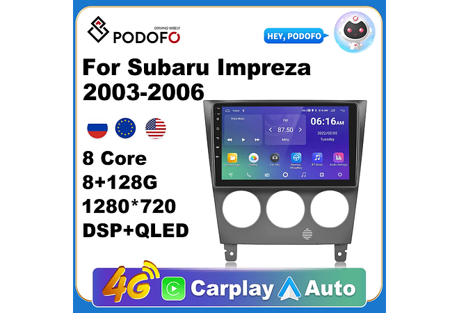Leitor de vídeo multimídia rádio do carro de podofo android 10.1 para subaru impreza 2003-2006 gps carplay auto wifi bt áudio 2 din dspRD199 Android subaru Impreza 2003-2006 1GB a...
