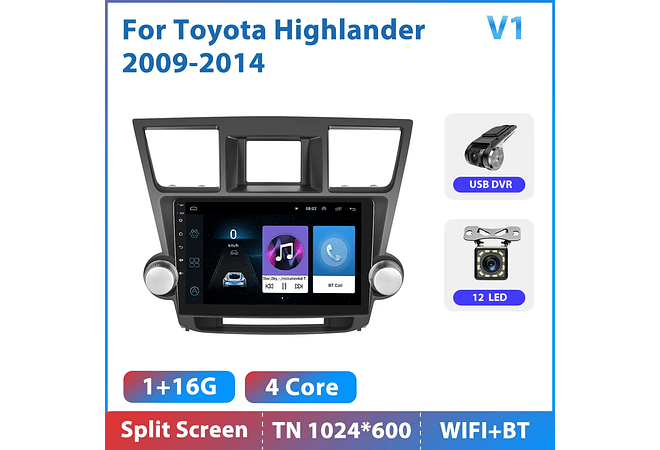 RD209 Android toyota highlander 2009-2014 1GB a 8GB RAM e 16GB a 128GB ROM com ou sem Carplay