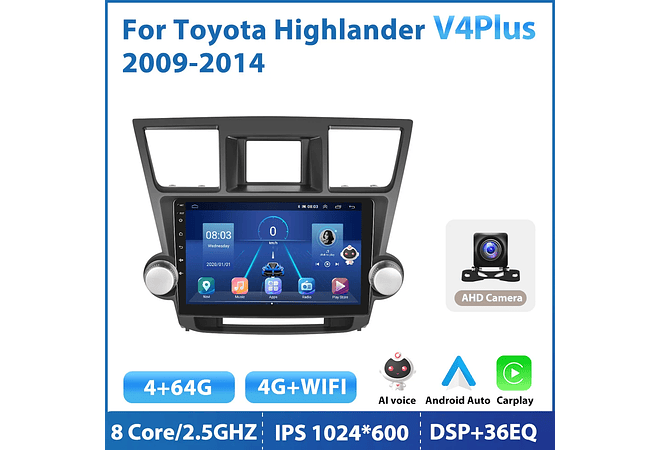 RD209 Android toyota highlander 2009-2014 1GB a 8GB RAM e 16GB a 128GB ROM com ou sem Carplay