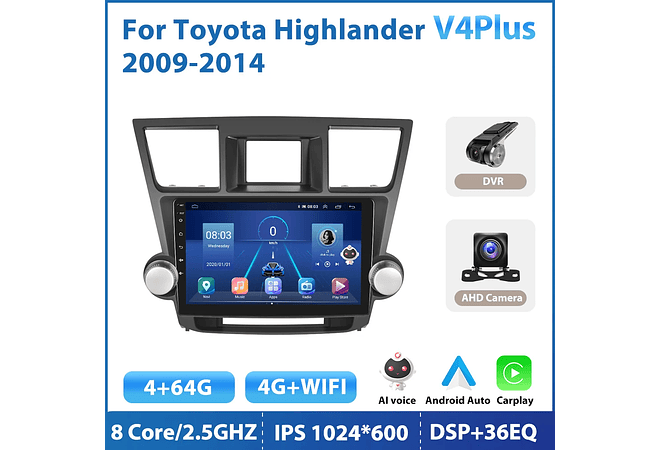 RD209 Android toyota highlander 2009-2014 1GB a 8GB RAM e 16GB a 128GB ROM com ou sem Carplay