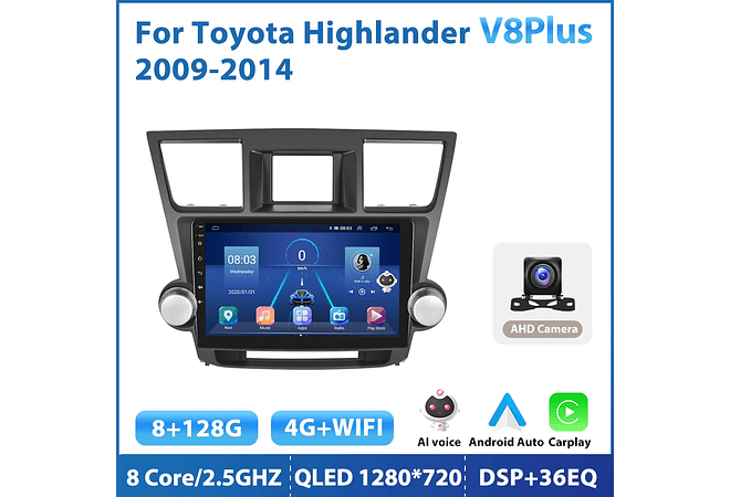 RD209 Android toyota highlander 2009-2014 1GB a 8GB RAM e 16GB a 128GB ROM com ou sem Carplay