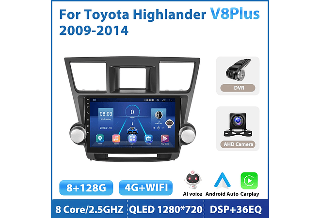 RD209 Android toyota highlander 2009-2014 1GB a 8GB RAM e 16GB a 128GB ROM com ou sem Carplay