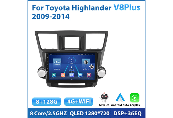 RD209 Android toyota highlander 2009-2014 1GB a 8GB RAM e 16GB a 128GB ROM com ou sem Carplay