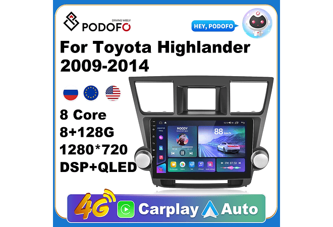RD209 Android toyota highlander 2009-2014 1GB a 8GB RAM e 16GB a 128GB ROM com ou sem Carplay