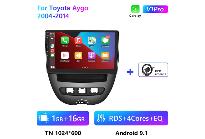 RD212 Android toyota aygo 2004-2014 1GB a 8GB RAM e 16GB a 128GB ROM com ou sem Carplay