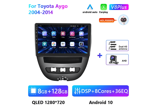 RD212 Android toyota aygo 2004-2014 1GB a 8GB RAM e 16GB a 128GB ROM com ou sem Carplay
