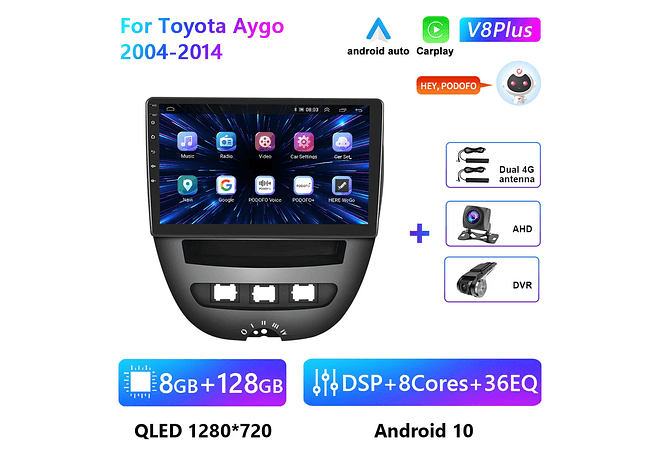 RD212 Android toyota aygo 2004-2014 1GB a 8GB RAM e 16GB a 128GB ROM com ou sem Carplay