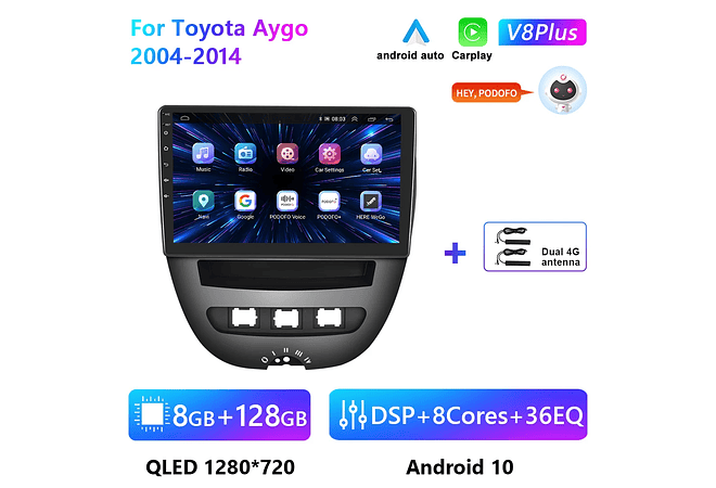 RD212 Android toyota aygo 2004-2014 1GB a 8GB RAM e 16GB a 128GB ROM com ou sem Carplay