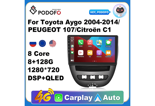 RD212 Android toyota aygo 2004-2014 1GB a 8GB RAM e 16GB a 128GB ROM com ou sem Carplay