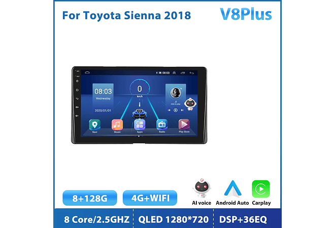 RD215 Android toyota sienna 2018 1GB a 8GB RAM e 16GB a 128GB ROM com ou sem Carplay