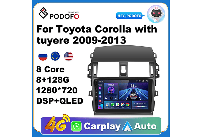 RD219 Android toyota corolla tuyere 2009-2013 1GB a 8GB RAM e 16GB a 128GB ROM com ou sem Carplay