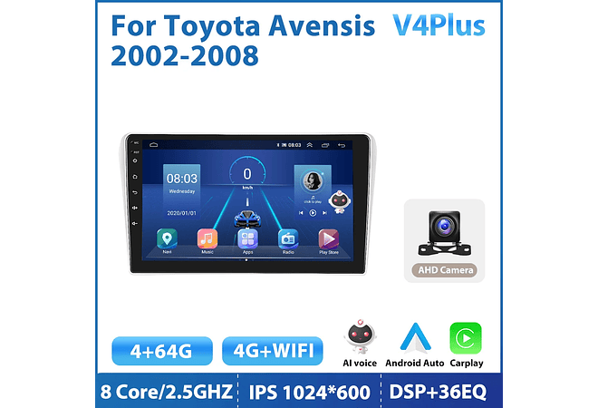 RD225 Android toyota avensis 2002-2008 1GB a 8GB RAM e 16GB a 128GB ROM com ou sem Carplaya 8GB RAM e 16GB a 128GB ROM com ou sem Carplay