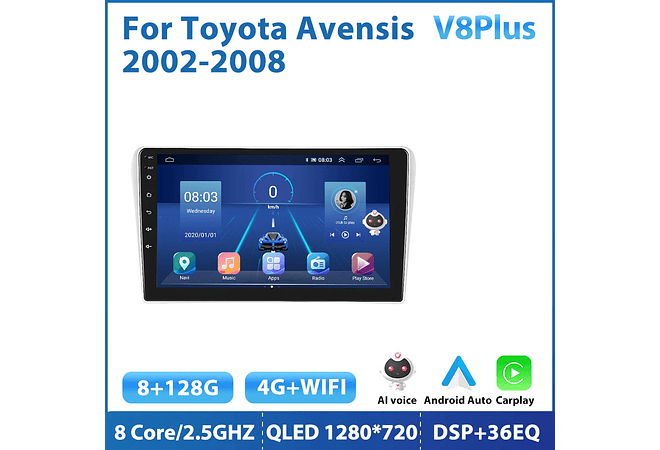 RD225 Android toyota avensis 2002-2008 1GB a 8GB RAM e 16GB a 128GB ROM com ou sem Carplaya 8GB RAM e 16GB a 128GB ROM com ou sem Carplay