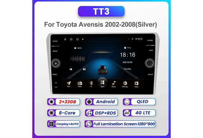 RD226 Android Toyoya avensis 2002-2008 1GB a 8GB RAM e 16GB a 128GB ROM com ou sem Carplay