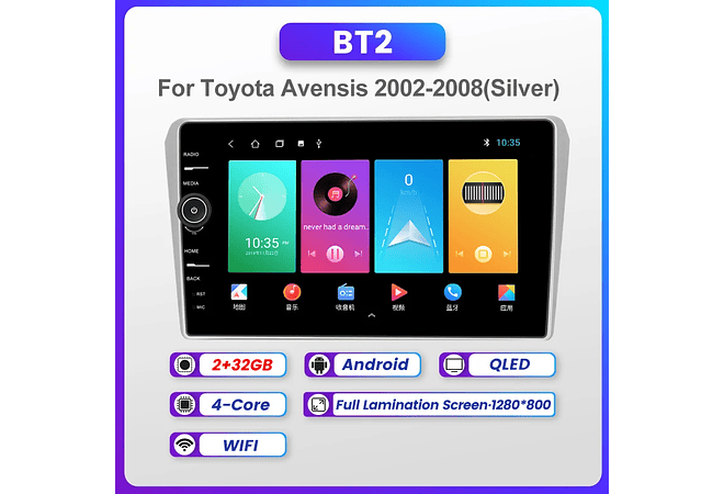 RD226 Android Toyoya avensis 2002-2008 1GB a 8GB RAM e 16GB a 128GB ROM com ou sem Carplay