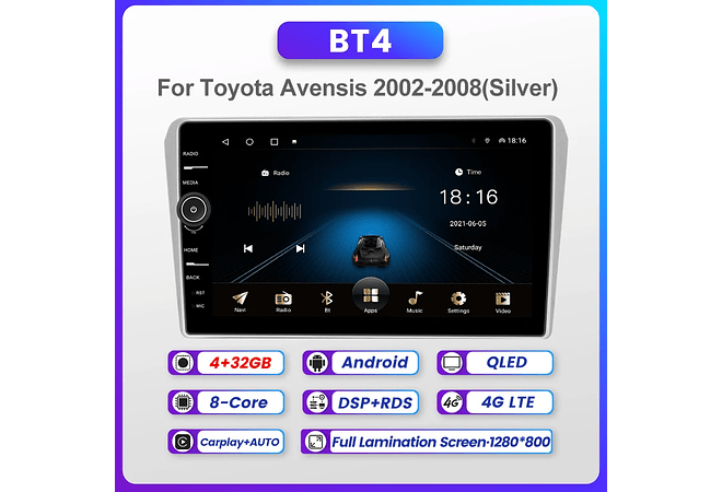 RD226 Android Toyoya avensis 2002-2008 1GB a 8GB RAM e 16GB a 128GB ROM com ou sem Carplay