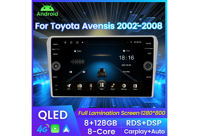 RD226 Android Toyoya avensis 2002-2008 1GB a 8GB RAM e 16GB a 128GB ROM com ou sem Carplay