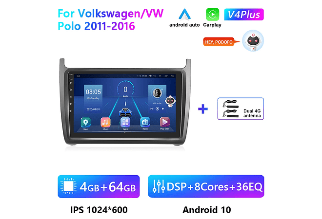 RD227 Android volkswagen Polo 2011-2016 1GB a 8GB RAM e 16GB a 128GB ROM com ou sem Carplaya 8GB RAM e 16GB a 128GB ROM com ou sem Carplay