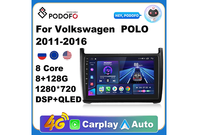 RD232 Android volkswagen Polo 2011-2016 1GB a 8GB RAM e 16GB a 128GB ROM com ou sem Carplay