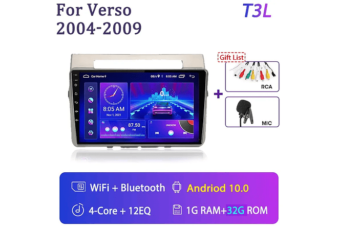 RD236 Android toyota corolla Verso 2004-2010 1GB a 8GB RAM e 16GB a 128GB ROM com ou sem CarplayGB RAM e 16GB a 128GB ROM com ou sem Carplay