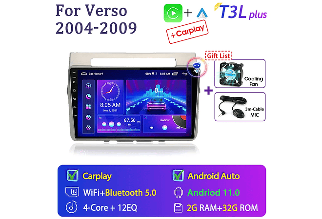 RD236 Android toyota corolla Verso 2004-2010 1GB a 8GB RAM e 16GB a 128GB ROM com ou sem CarplayGB RAM e 16GB a 128GB ROM com ou sem Carplay