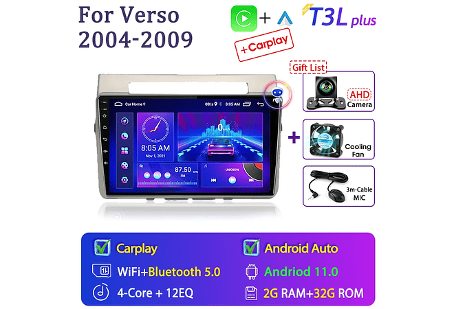 RD236 Android toyota corolla Verso 2004-2010 1GB a 8GB RAM e 16GB a 128GB ROM com ou sem CarplayGB RAM e 16GB a 128GB ROM com ou sem Carplay