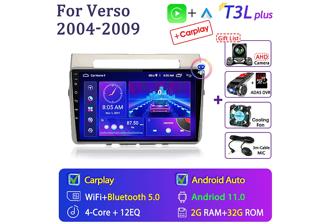 RD236 Android toyota corolla Verso 2004-2010 1GB a 8GB RAM e 16GB a 128GB ROM com ou sem CarplayGB RAM e 16GB a 128GB ROM com ou sem Carplay