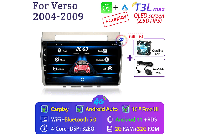 RD236 Android toyota corolla Verso 2004-2010 1GB a 8GB RAM e 16GB a 128GB ROM com ou sem CarplayGB RAM e 16GB a 128GB ROM com ou sem Carplay