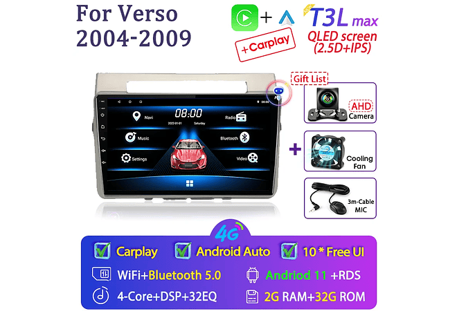 RD236 Android toyota corolla Verso 2004-2010 1GB a 8GB RAM e 16GB a 128GB ROM com ou sem CarplayGB RAM e 16GB a 128GB ROM com ou sem Carplay