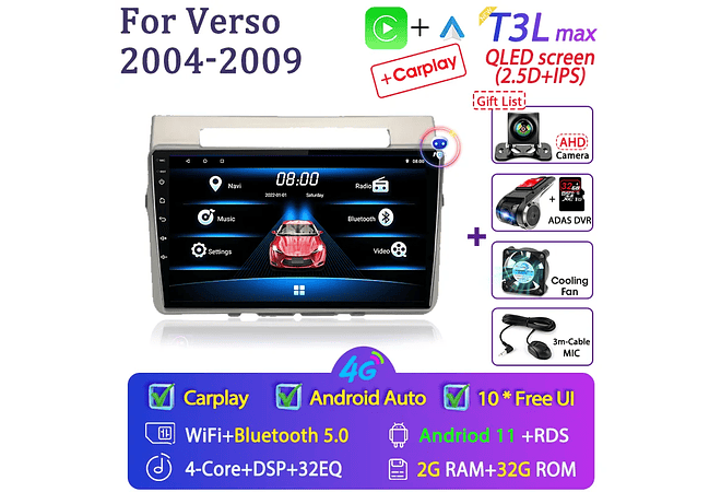 RD236 Android toyota corolla Verso 2004-2010 1GB a 8GB RAM e 16GB a 128GB ROM com ou sem CarplayGB RAM e 16GB a 128GB ROM com ou sem Carplay