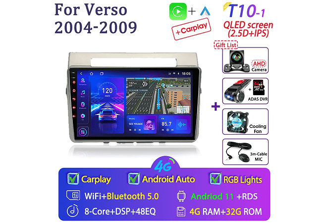 RD236 Android toyota corolla Verso 2004-2010 1GB a 8GB RAM e 16GB a 128GB ROM com ou sem CarplayGB RAM e 16GB a 128GB ROM com ou sem Carplay