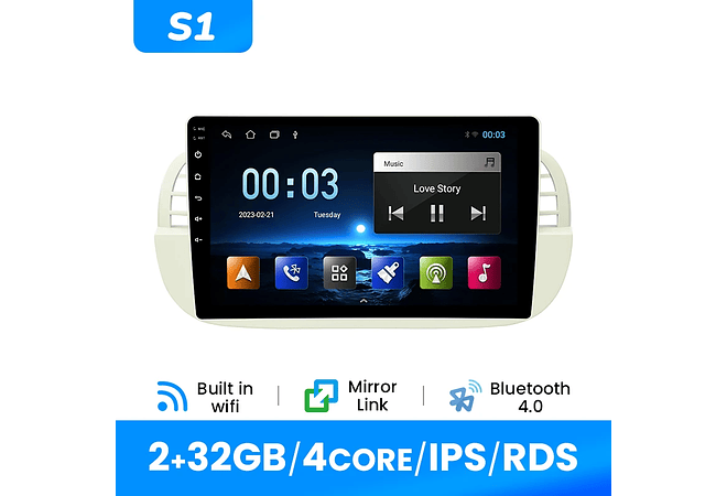 RD092 Android Fiat 500 2007-2014 1GB a 8GB RAM e 16GB a 128GB ROM com ou sem Carplay