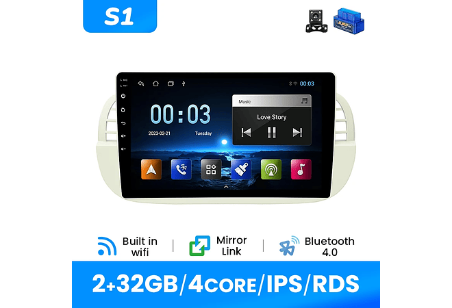 RD092 Android Fiat 500 2007-2014 1GB a 8GB RAM e 16GB a 128GB ROM com ou sem Carplay