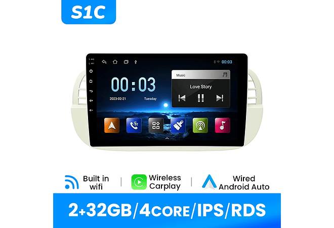RD092 Android Fiat 500 2007-2014 1GB a 8GB RAM e 16GB a 128GB ROM com ou sem Carplay