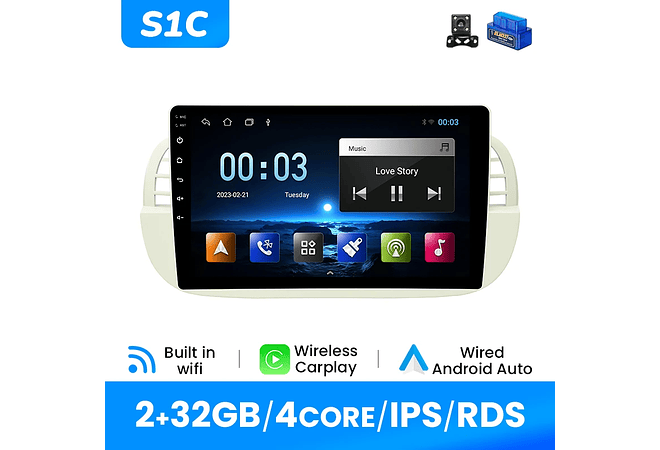 RD092 Android Fiat 500 2007-2014 1GB a 8GB RAM e 16GB a 128GB ROM com ou sem Carplay