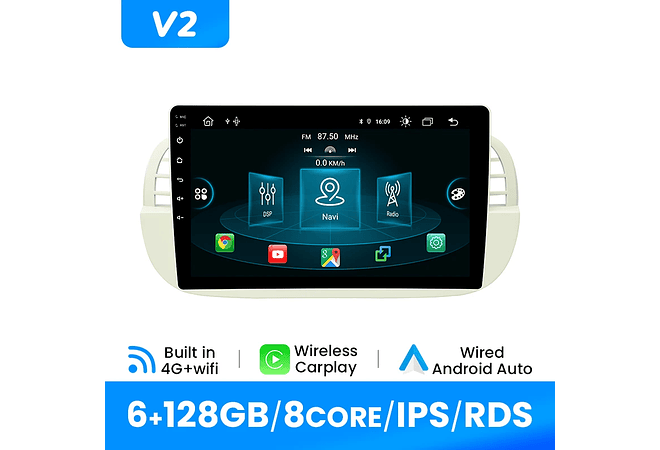 RD092 Android Fiat 500 2007-2014 1GB a 8GB RAM e 16GB a 128GB ROM com ou sem Carplay