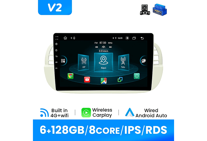 RD092 Android Fiat 500 2007-2014 1GB a 8GB RAM e 16GB a 128GB ROM com ou sem Carplay