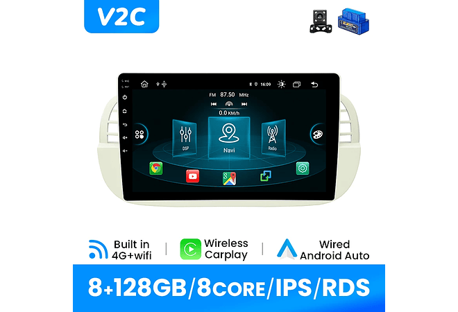 RD092 Android Fiat 500 2007-2014 1GB a 8GB RAM e 16GB a 128GB ROM com ou sem Carplay