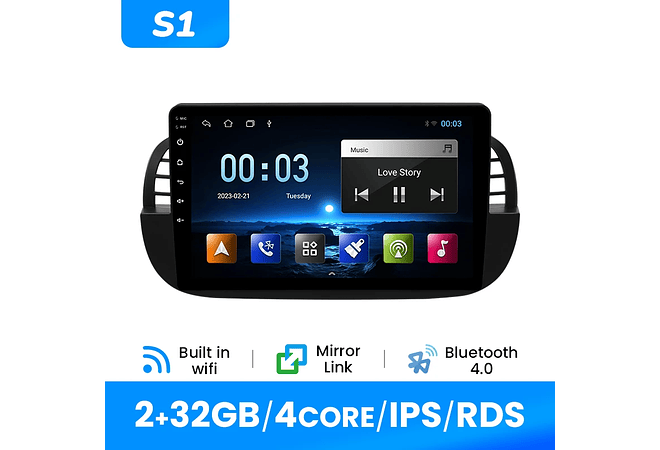 RD092 Android Fiat 500 2007-2014 1GB a 8GB RAM e 16GB a 128GB ROM com ou sem Carplay