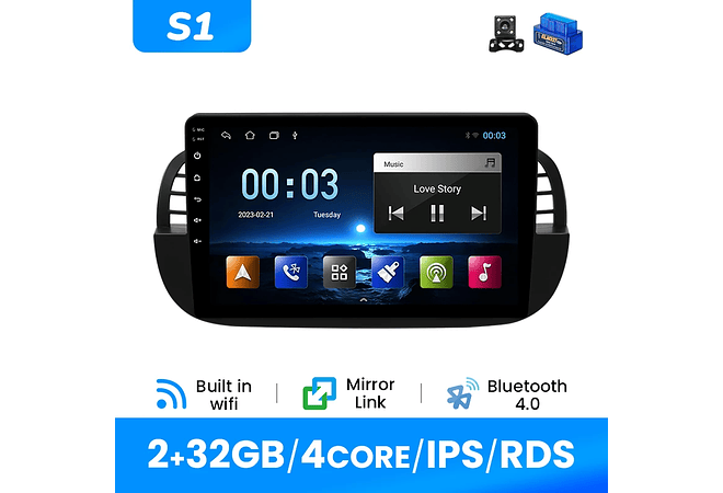 RD092 Android Fiat 500 2007-2014 1GB a 8GB RAM e 16GB a 128GB ROM com ou sem Carplay