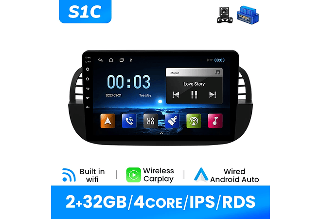 RD092 Android Fiat 500 2007-2014 1GB a 8GB RAM e 16GB a 128GB ROM com ou sem Carplay