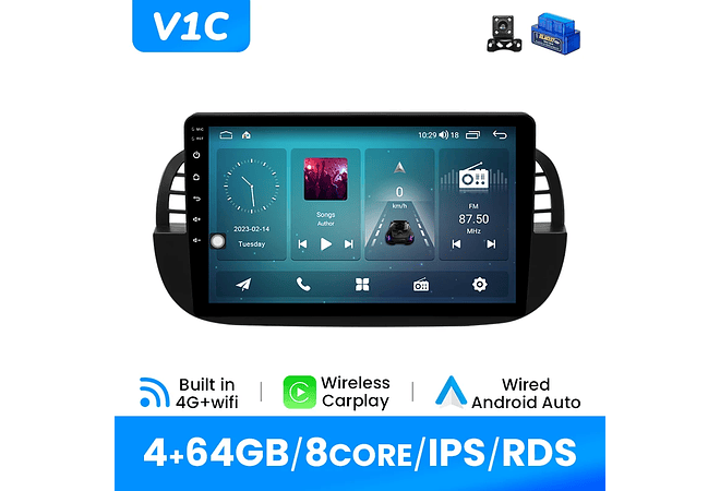 RD092 Android Fiat 500 2007-2014 1GB a 8GB RAM e 16GB a 128GB ROM com ou sem Carplay