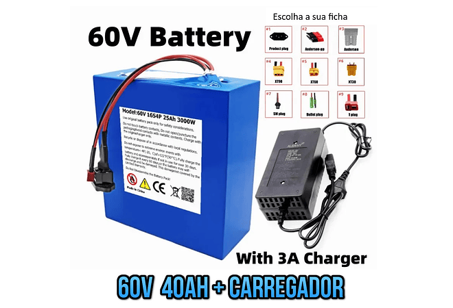 IMP0002 Bateria scooter moto eletrica 60v desde 20ah 25ah 30ah 40ah 50ah com carregador