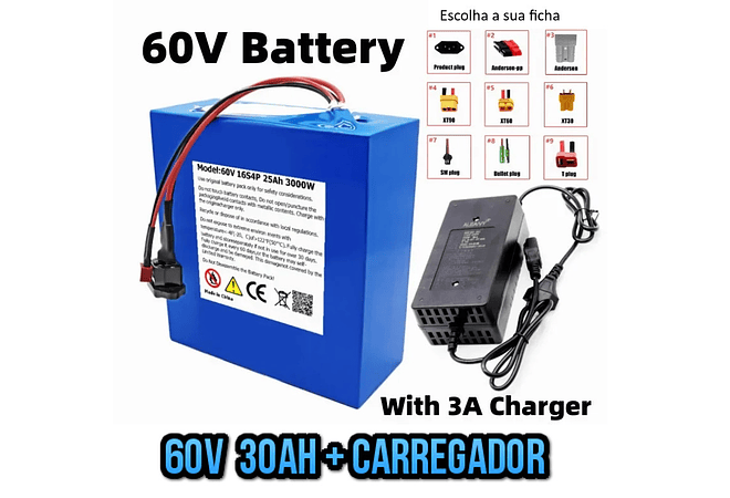 IMP0002 Bateria scooter moto eletrica 60v desde 20ah 25ah 30ah 40ah 50ah com carregador