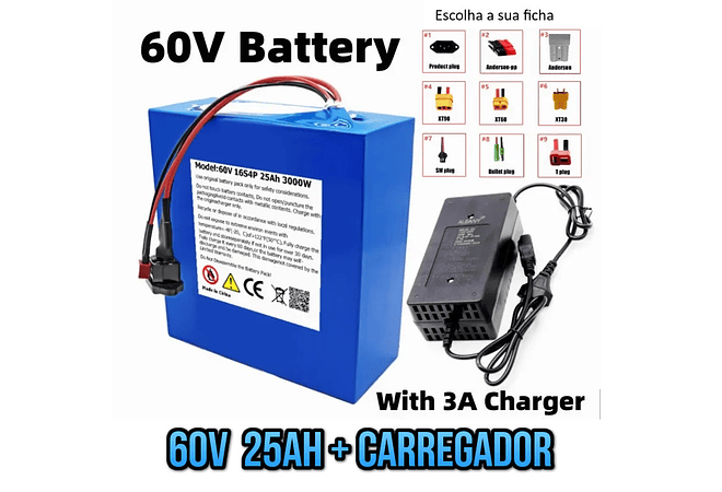 IMP0002 Bateria scooter moto eletrica 60v desde 20ah 25ah 30ah 40ah 50ah com carregador